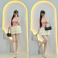 Set áo thun ôm cổ tròn tay ngắn ren tay và ren tim nơ trước ngực phối chân váy xoè bồng ren 3 tầng (SV2744)