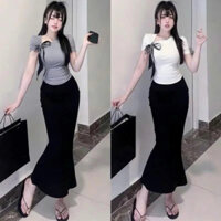 Set áo thun ôm tăm lạnh tay ngắn kèm dây thắt nơ bên vai và chân váy dài midi ôm dáng