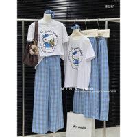 Set áo thun suông phối quần caro tặng kèm cột tóc