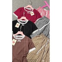 Sét áo thun tâm  lạnh quần caro dáng baggy đắp  ren 40-58 kí cho nữ