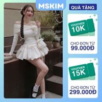 Set áo thun tăm trễ vai cài hoa dài tay ôm body viền ren chân váy ngắn dáng bí ngô phồng ngắn có quần trong T477G