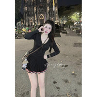 Set Áo Thun Tay Dài Cổ V Kèm Chân Váy Xếp Li Xoè