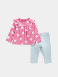 set áo thun tay dài họa tiết mèo màu hồng và quần legging