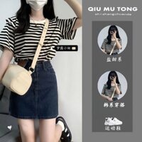 Set Áo Thun Tay Ngắn Kẻ Sọc Mùa Hè Kèm Chân Váy Jean Denim Chữ A Hàn Quốc Nhẹ Nhàng Sinh Viên
