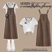 Set Áo Thun Tay Ngắn Phối Chân Váy Yếm denim Thời Trang Mùa Hè 2023 Mới Cho Nữ❤1220