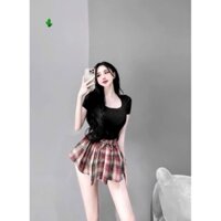 Set áo thun tay ngắn phối chân váy caro xếp ly cao cấp(p)