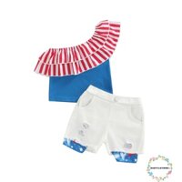 Set Áo Thun Tay Ngắn & Quần Short In Hình Lá Cờ Cho Bé Gái