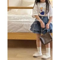 Set Áo Thun Trắng + Chân váy jean Nhiều Tầng Cho Bé Gái