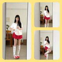 Set Áo Thun Trắng Chân Váy Chấm Bi Đỏ