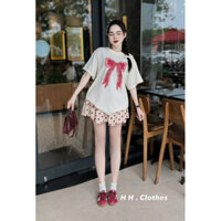 set áo thun trắng in nơ đỏ kèm váy xốp chấm tim xinh 2 tầng nak