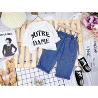 Set áo thun trắng mix quần jean cho bé gái