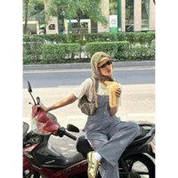 SET ÁO THUN TRẮNG TRƠN BASIC FORM RỘNG + JUMPSUIT SỌC XANH YẾM QUẦN DÀI (TH)
