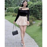 Set áo thun trễ vai dây chéo ôm body dài tay + chân váy ngắn dáng bí phồng có quần trong Bộ đồ áo phông đầm T483G