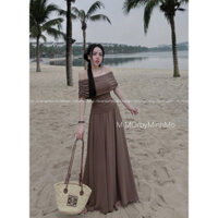 Sét áo thun trễ vai phối chân váy xoè dáng dài siêu đẹp sang chảnh