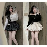 Set áo thun trễ vai tay dài dây chéo + chân váy phồng xoè 2 lớp có quần trong