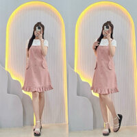 Set áo thun trơn tay ngắn cổ tròn phối váy yếm 2 dây đuôi cá 5 nút giữ có túi  2 nắp túi đính nút (SV2765)