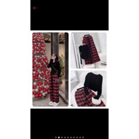 Set Áo Thun Vạt Bầu Dài Tay Kèm Quần Kẻ Đỏ Ống Rộng