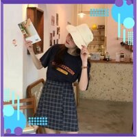 Set Áo thun xanh kèm chân váy chữ A kẻ caro - Áo phông Neo xanh coban + chân váy caro Xanh [Mới]