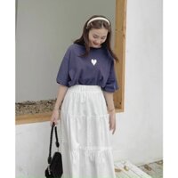 Set áo thun xanh ngắn tay và chân váy trắng xoè vintage ulzzang