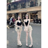 Set Áo Thun Yếm Viền Ren + Chân Váy Chấm Bi Tầng Xòe