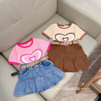 Set áo tim + chân váy xếp ly + dây lưng cho bé gái
