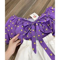 SET ÁO TÍM THẮT NƠ HOA NHÍ + QUẦN SHORT TRẮNG