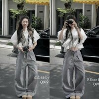 Set áo tơ babydoll mix quần kẻ ống rộng kèm dây đai đi chơi du lịch