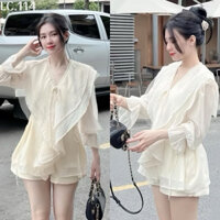 Set áo tơ bèo phối lưới chấm bi kèm quần short tafta