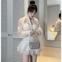 Set áo tơ sơ mi tay dài kèm chân váy nhún xòe