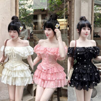 Set Áo Tơ Trễ Vai Hoa Nhí Kèm Chân Váy Có Lót Quần