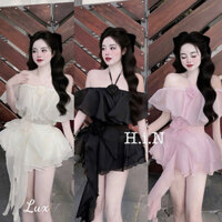 SET ÁO TƠ YẾM TRỄ VAI ĐÍNH HOA PHỐI CHÂN VÁY TẦNG TUA BÈO