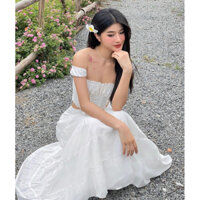 Set áo trắng 2 dây croptop đan dây nhún chỉ lưng kèm chân váy maxi trắng đi biển