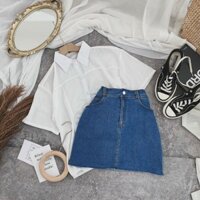 Set áo trắng + chân váy jean form A