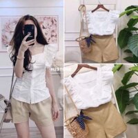 Sét áo trắng cổ vuông cánh tiên quần short kaki