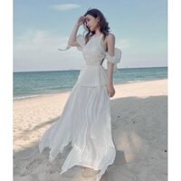 Sét áo trắng cổ yếm rớt tay phồng phối chân váy midi xòe màu trắng