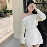 Set áo trắng len lệch vai tay phối nút kèm chân váy,set váy mùa đông,set đồ nữ đi chơi siêu xinh
