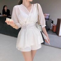 Set áo trắng peplum Tơ + quần short trắng
