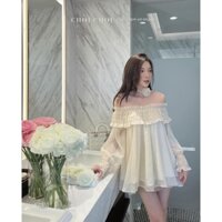 Set áo trễ vai bèo dây hoa buộc cổ kèm chân váy chữ A chất tacta