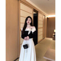 Set áo trễ vai buộc nơ kèm chân váy suông dài cổ thuyền body xòe xếp ly dự tiệc cao cấp dạo phố công sở tết bigsize đẹp