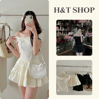 Set Áo Trễ Vai Buộc Nơ Mix Chân Váy Xoè 2 Màu Đen/ Trắng Trẻ Trung Điệu Đà Đi Tiệc, Đi Chơi