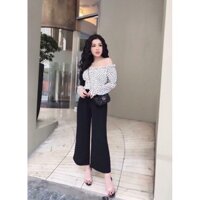 Set áo trễ vai chấm bi & Quần ống loe [Áo Trắng]