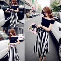 SET ÁO TRỄ VAI CHÂN VÁY VINTAGE SỌC DUYÊN DÁNG