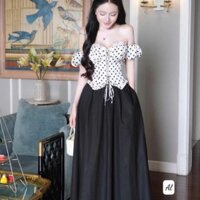 set áo trễ vai chân váy,áo trễ vai nữ cup ngực thiết kế chấm bi viền ren mix chân váy maxi dáng dài siêu xinh B436