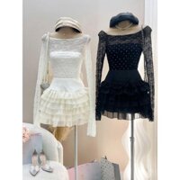 Set Áo Trễ Vai Cổ Yếm Đính Đá Mix Váy Ren Tầng Bigsize Mũm Mĩm Từ 50kg Đến 100kg S/M/L/XL/XXL SBX1424