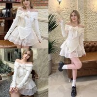 Sét áo trễ vai đính nơ trắng kèm chân váy voan xoè 2 tầng, Áo thun dài tay trễn vai ôm body vạt chéo dễ thương dự tiệc