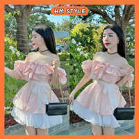 Sét áo trễ vai gấm xốp màu hồng bèo tầng + chân váy tơ xốp tặng kèm dây đai eo, set tiểu thư hồng dễ thương HB667