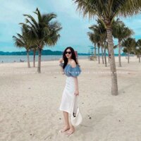Set áo trễ vai hai dây kèm chân váy dài tặng scrunchies ( kèm ảnh thật )