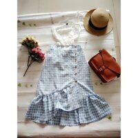 🌸Set áo trễ vai hoa kèm chân váy caro nút 😀 😊 màu xanh
