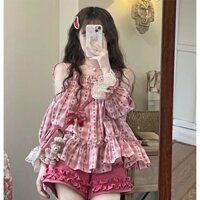 Set Áo Trễ Vai Kẻ Sọc Caro Phối Quần Short Ren Thời Trang Hè Trẻ Trung Cho Nữ