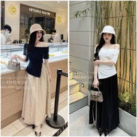 Set áo trễ vai lệch vạt len tăm cúp ngực mix chân váy